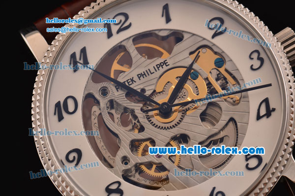 Patek Philippe Grand Complications Asia 3836 Automatic Steel Case with Brown Leather Strap Skeleton Dial Numeral Markers - Click Image to Close